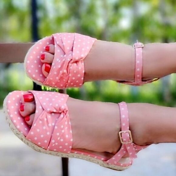 Women's Espadrille Open Toe Polkadot Ankle Strap Flat Sandals Blush Color - Picture 1 of 4